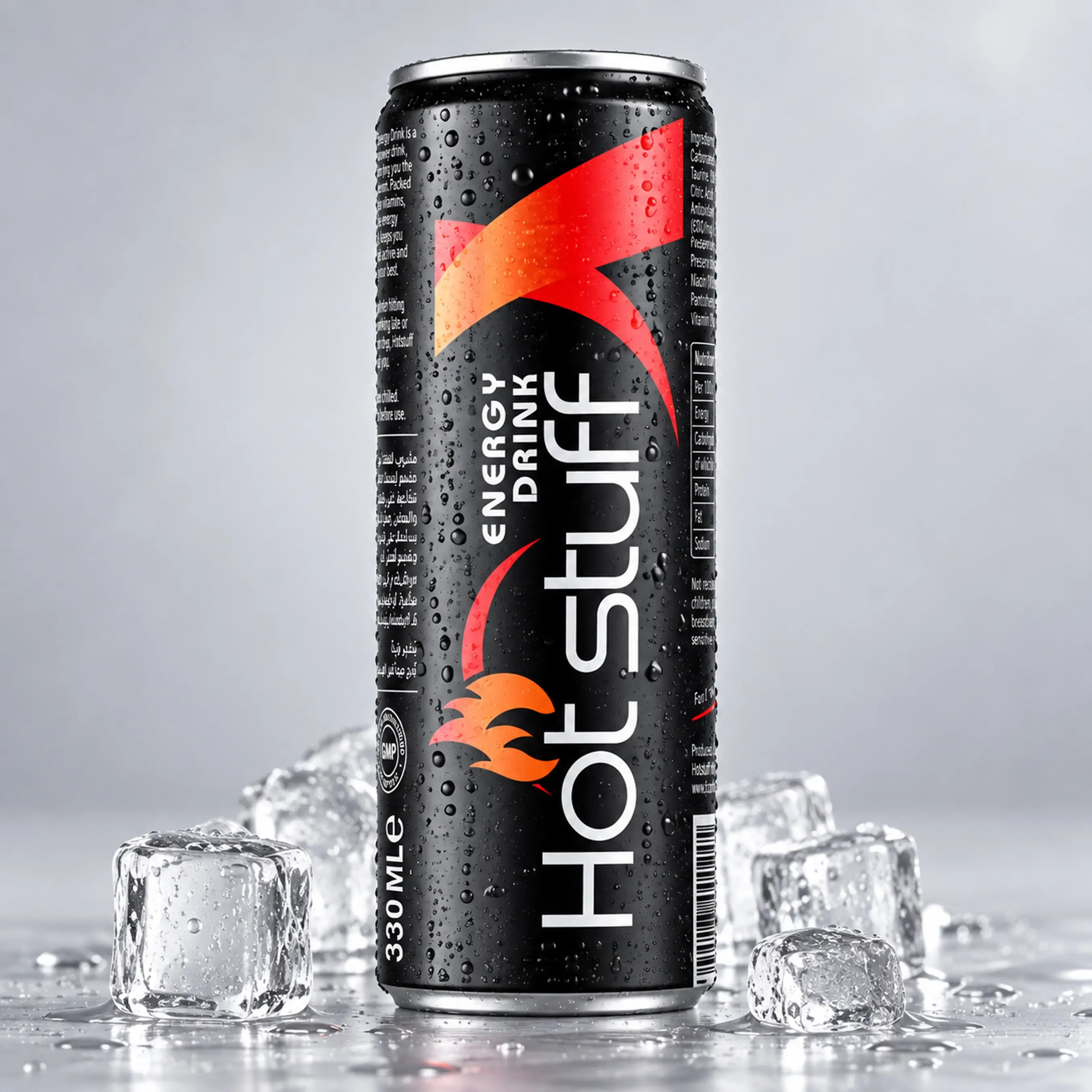 Hot Stuff Energy Drink 330ml black and red can.